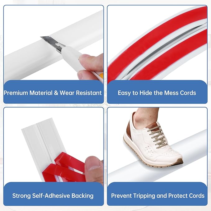 Floor Cord Cover Self Adhesive Cord Hider Floor Extension Cord Covers for Floor Power Cord Protector Cable Management Prevent Cable Trips Cable Cavity 0.51" W x 0.31" H (White, 3.3Ft)