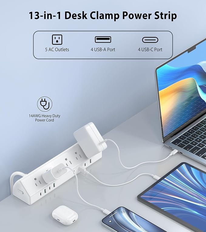 Jgstkcity Desk Clamp Power Strip USB C 45W,8 USB,20FT Cable,White