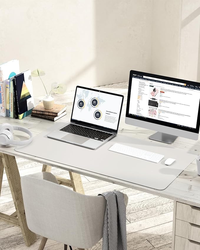 YSAGi Non-Slip Leather Desk Pad L Size, Waterproof Laptop Computer Desk Keyboard Mat, Table Protector Blotter Mat, Large Mouse Pad for Office/Work/Home/Decor(Apricot Gray, 35.4" x 17")