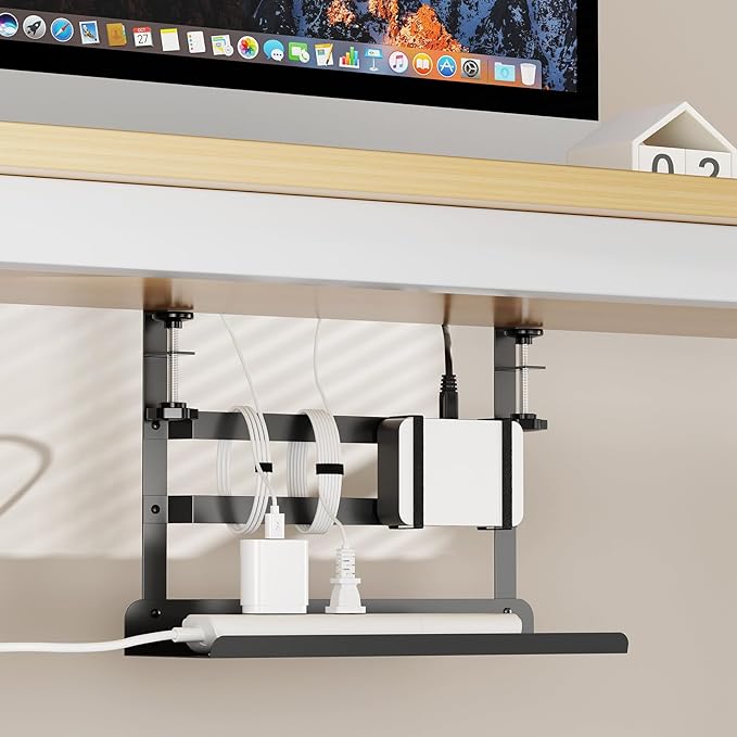 Yecaye Metal Under Desk Cable Management Tray, Clamp-On Desk Shelf