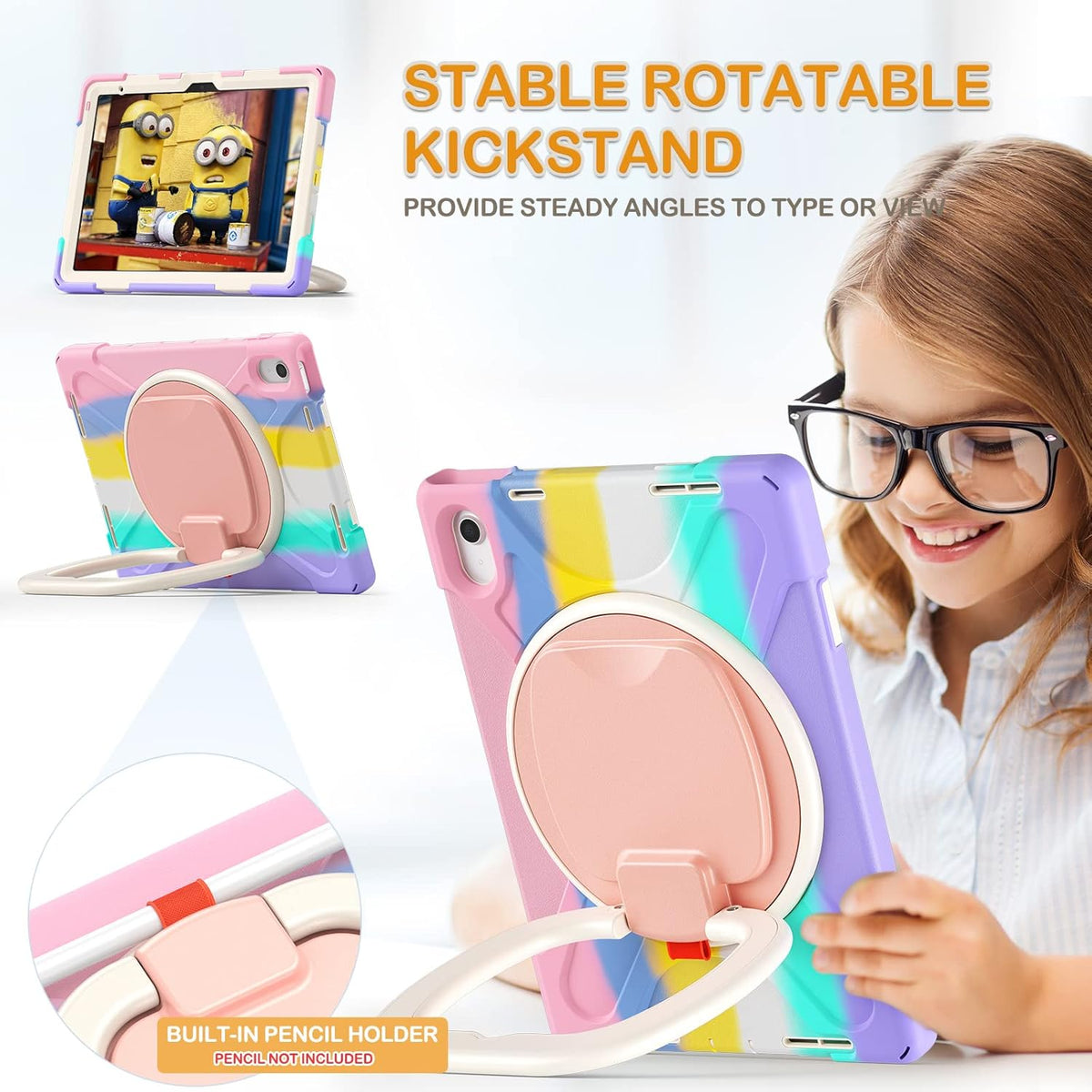 BRAECN Kids Case for iPad (A16) 11th/10th Generation 11”/10.9'' 2025/2022, Heavy Duty Rugged Silicone Cover with Screen Protector, Kickstand, Shoulder Strap, Pencil Holder & Ring Stand, Colorful Pink