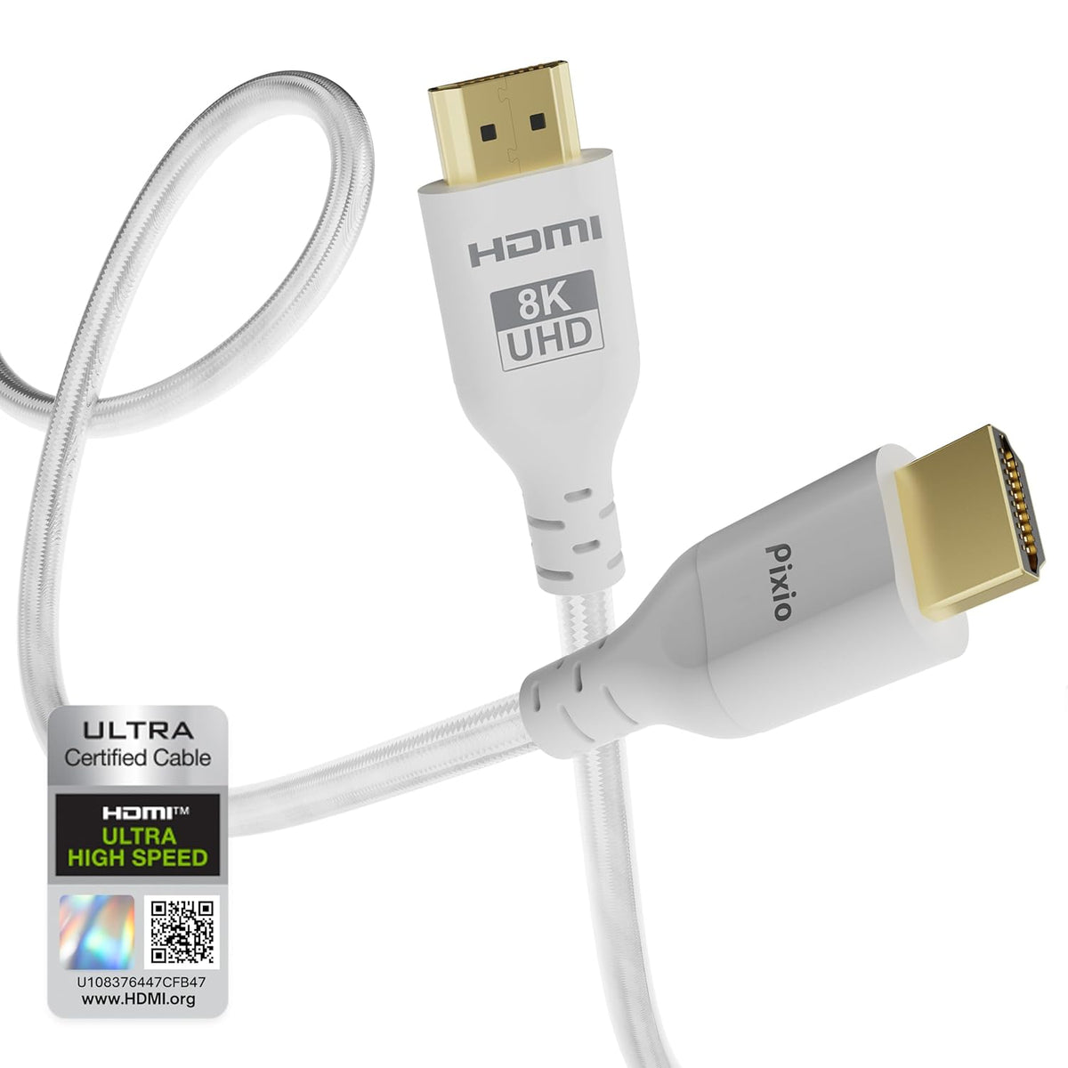 8K 2.1 10FT 8K 60Hz 4K 120Hz HDR10+ Dolby Pixio White HDMI Cable Ultra Certified Ultra High Speed Nylon Braided Gold