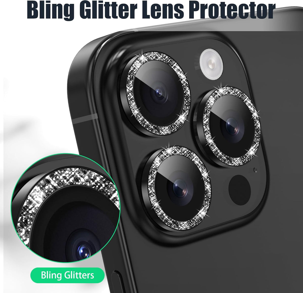 AGVEE 3+3 6 Pack for iPhone 16 Pro 6.3" / 16 Pro Max 6.9" Camera Lens Cover Protector, Bling Glitter & CD-Textured Metal Ring 9H Tempered HD Glass Camera Cover Protector Film, Glitter-Black