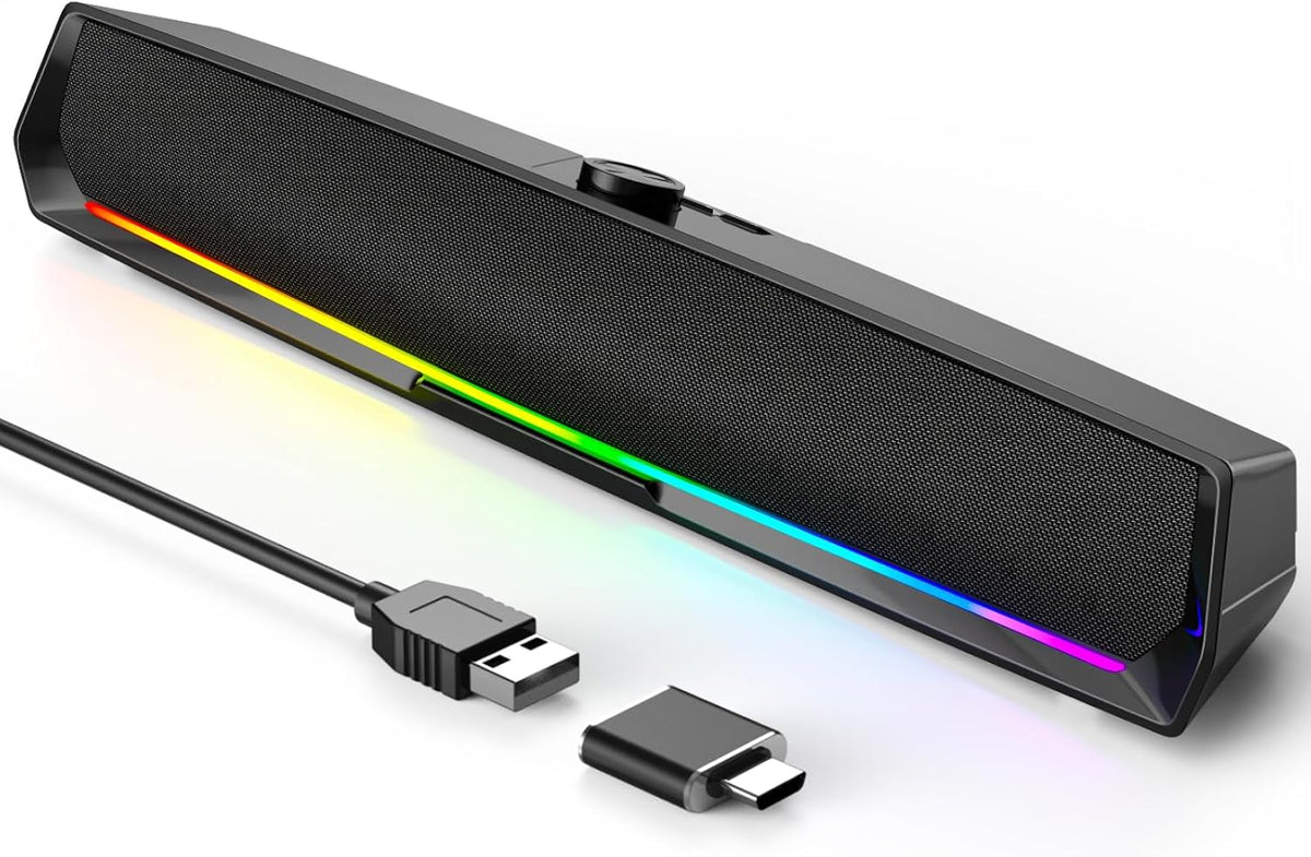 Computer Speakers for Desktop,PC Speakers Gaming Sound bar with Colorful Light,USB Speaker with Bluetooth for PCs Monitor Laptop Tablets,Wired Bluetooth Speaker for Phones(Type-C Adapter Included)