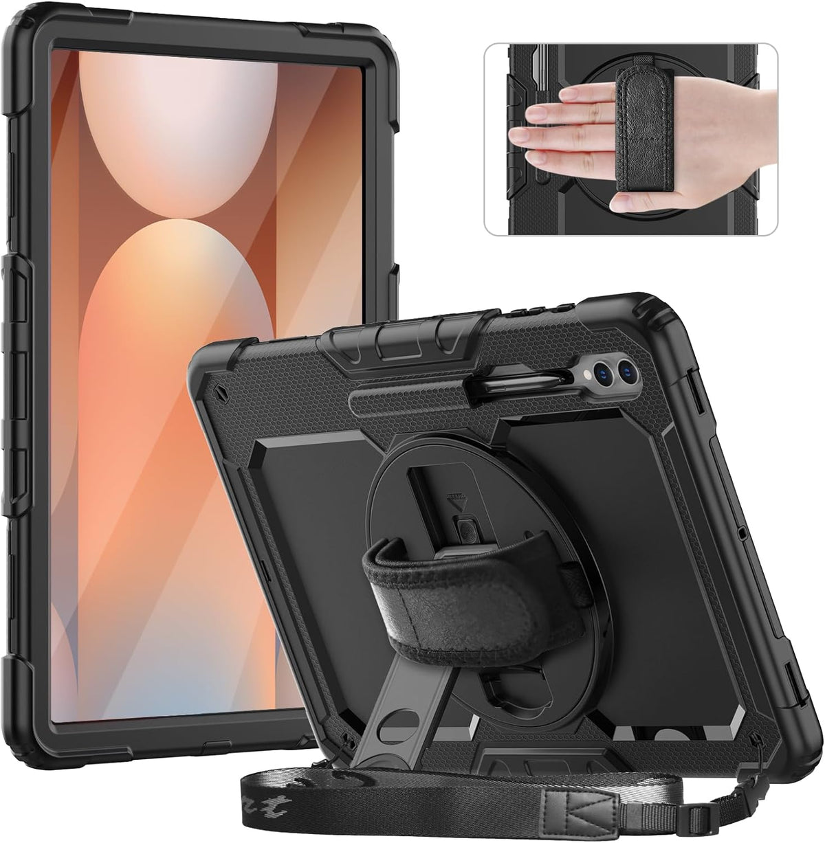 Timecity Case for Samsung Galaxy Tab S10 Ultra/ S9 Ultra/ S8 Ultra Tablet Case 14.6''- Heavy Duty Protective Cover with Screen Protector, Stand, Shoulder Strap & S Pen Holder | Kids-Friendly, Black