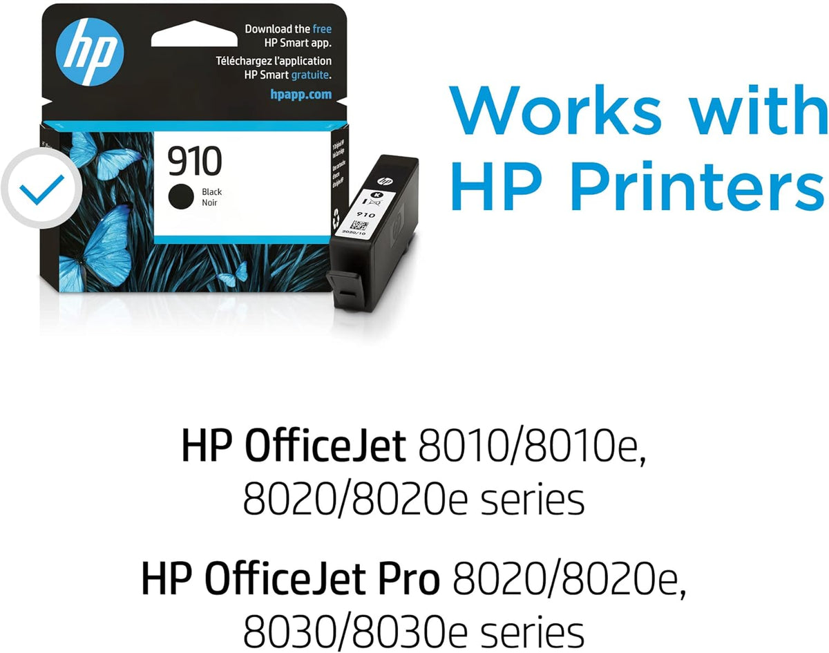 HP 910 Black Ink Cartridge | Works with HP OfficeJet 8010, 8020 Series, HP OfficeJet Pro 8020, 8030 Series | Eligible for Instant Ink | 3YL61AN