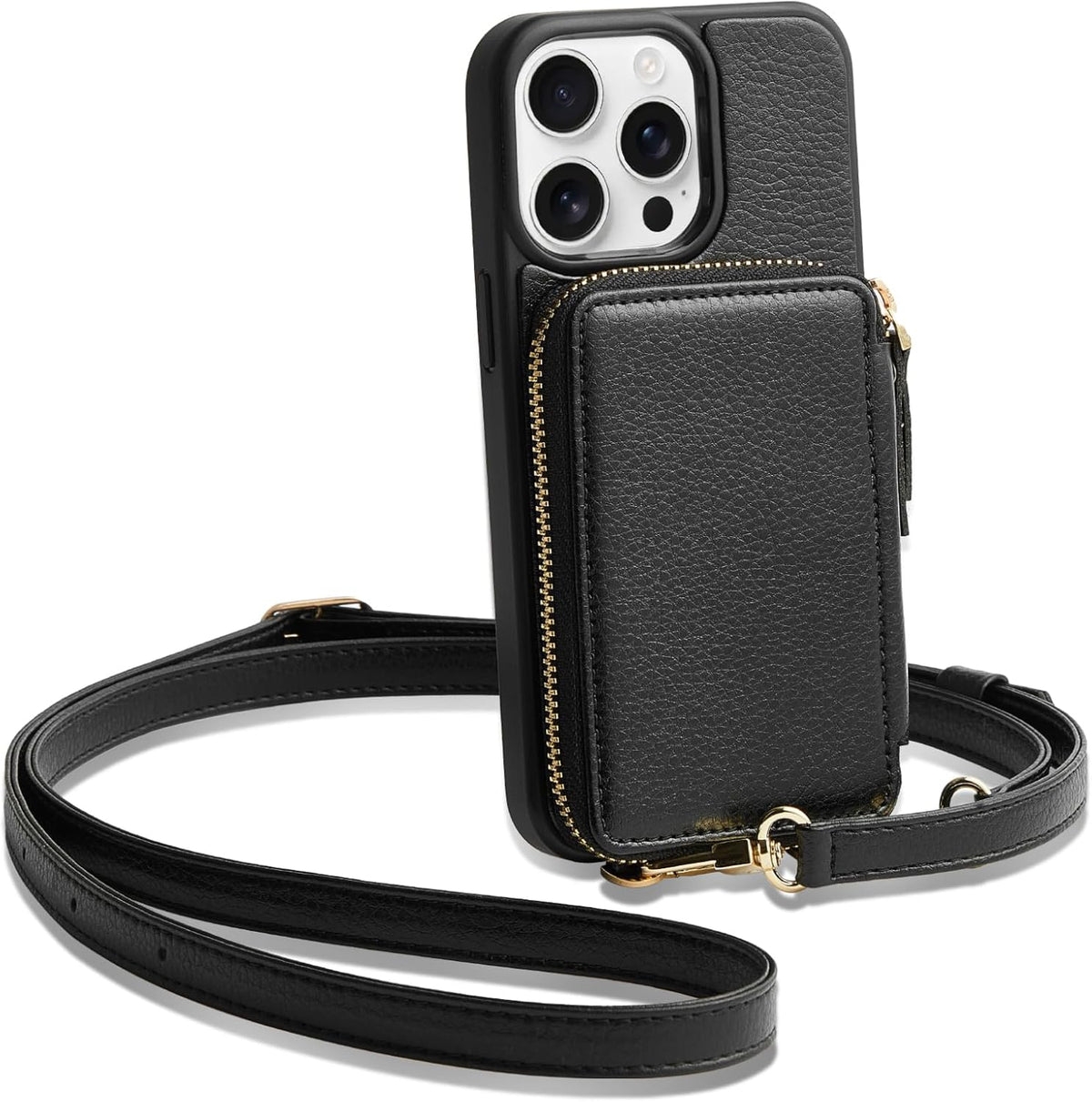 ZVE for iPhone 15 Pro Wallet Case, Crossbody Phone Purse with Card Holder for Women, Zipper Leather RFID Blocking Carrying Cover with Wrist Strap for iPhone 15 Pro 6.1 inch- Black