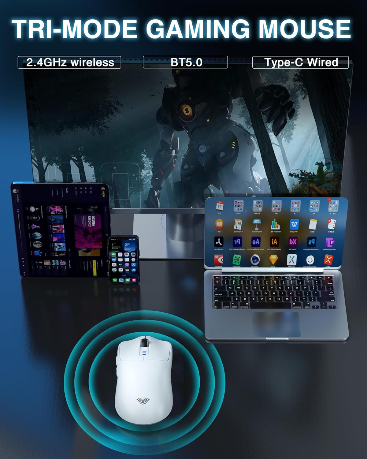 AULA SC580 Wireless Gaming Mouse, Tri-Mode 2.4G/BT5.0/USB-C Gaming Mouse, 12000 DPI Rechargeable Wireless Mouse with 6 Programmable Buttons, Ergonomic Computer Mouse for Laptop/PC/Mac/Tablet
