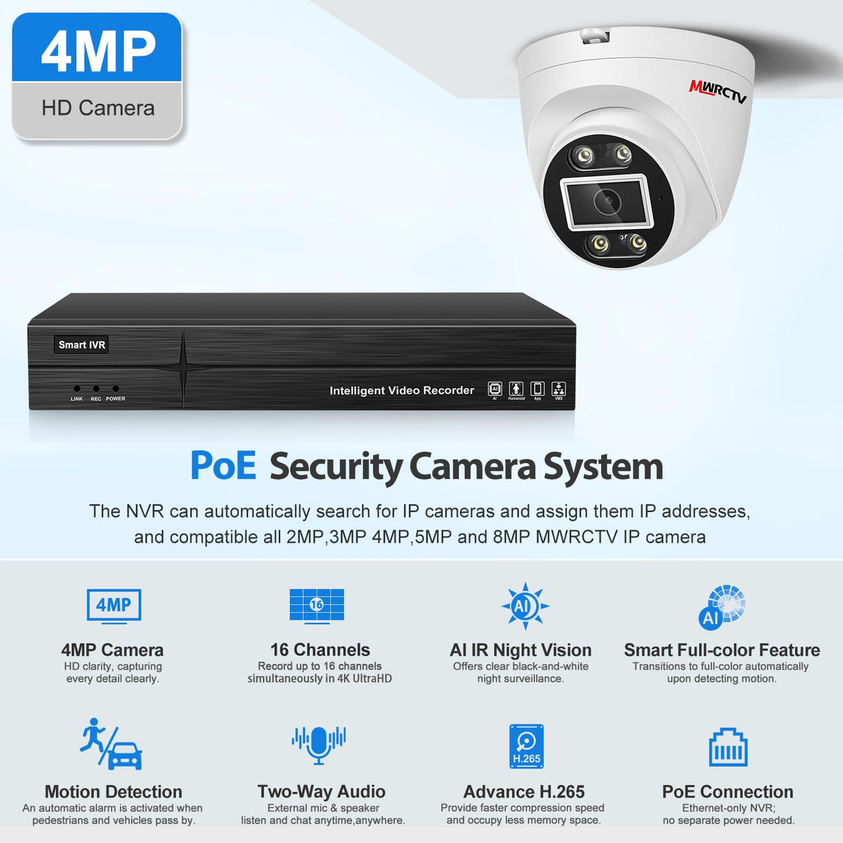 MWRCTV 2-Way Audio PoE Security Camera System,4pcs Wired 4MP Dome IP Camera for Home Security,110°Wide Angle Lens,Smart Dual Light,Human&Vehicle