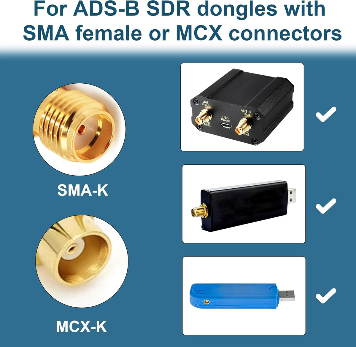 HzFitInc Set 1090MHz 978MHz 5dBi ADS-B Antenna Bundle - & High Gain Antenna with SMA Connector and MCX Adaptor