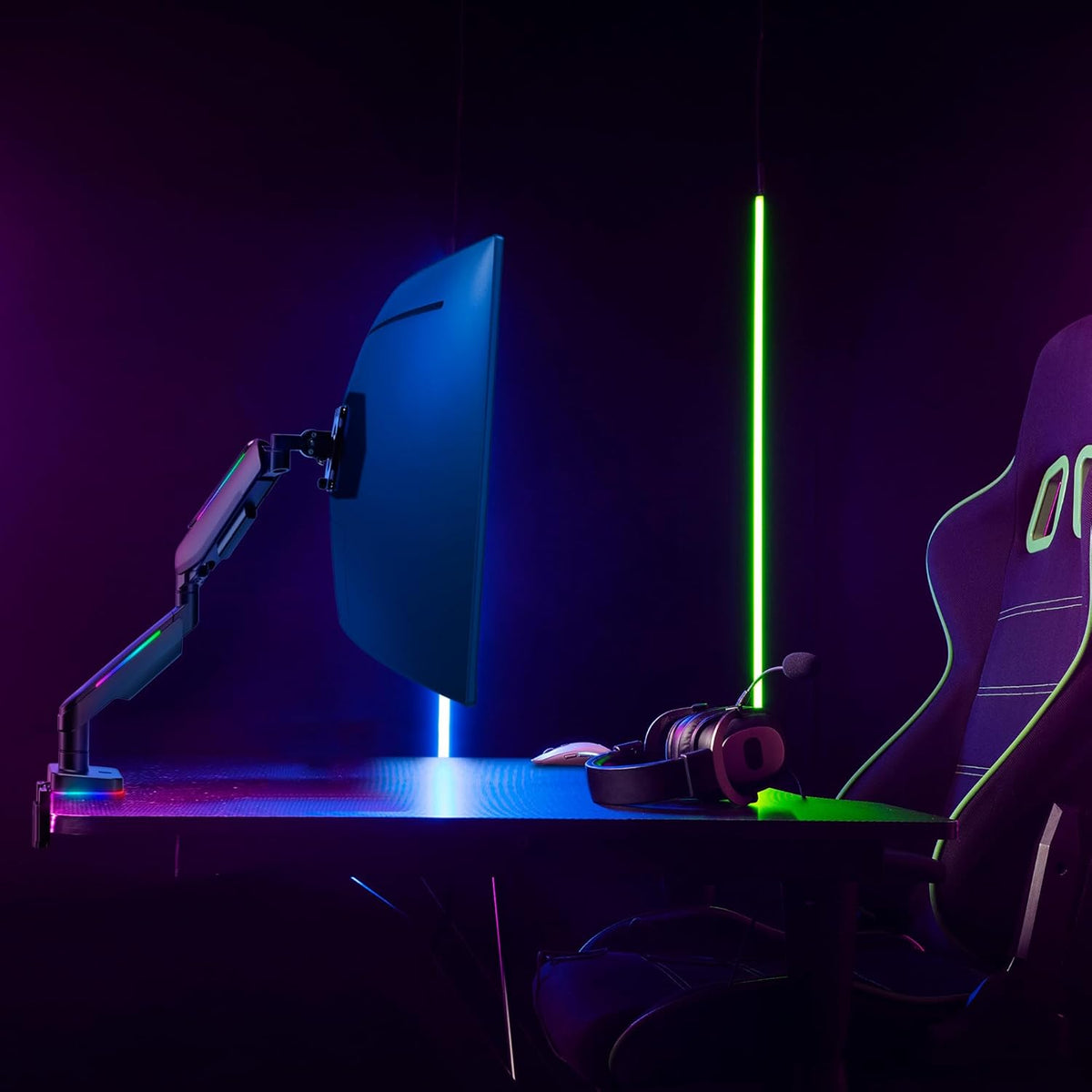 AVLT RGB Lights Single 17”-49” Gaming Monitor Arm Desk Mount, Fits One Flat/Curved/Ultrawide Screen up to 44lbs(20kg), Height Swivel Tilt Adjustable Stand - Black