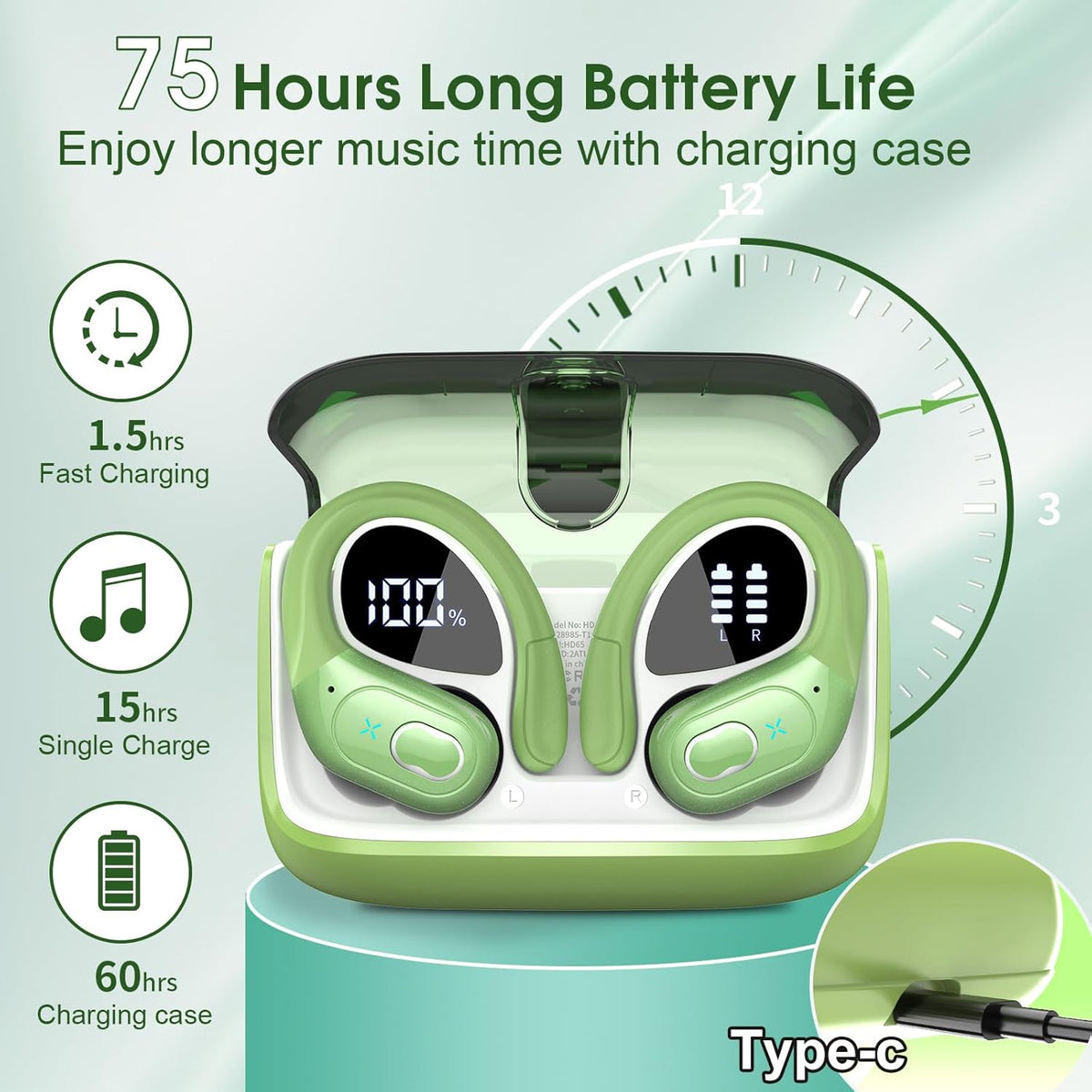 Wireless Earbuds 75hrs Bluetooth 5.4 Headphone Sport, 2025 Bluetooth Earbuds Stereo Deep Bass Over Ear Bud with Earhooks, ENC Noise Cancelling Mic, IPX7 Waterproof Earphone, Green