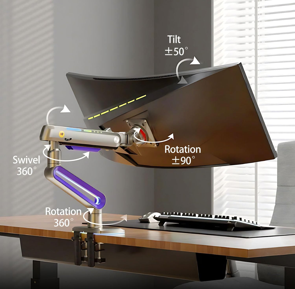 RGB Gaming Monitor-arm for Flat/Ultrawide/Curved Monitors 32 to 60 inch, Heavy Duty Stand Load up to 20 kg, VESA 75/100 mm Monitor-Mount G70-New