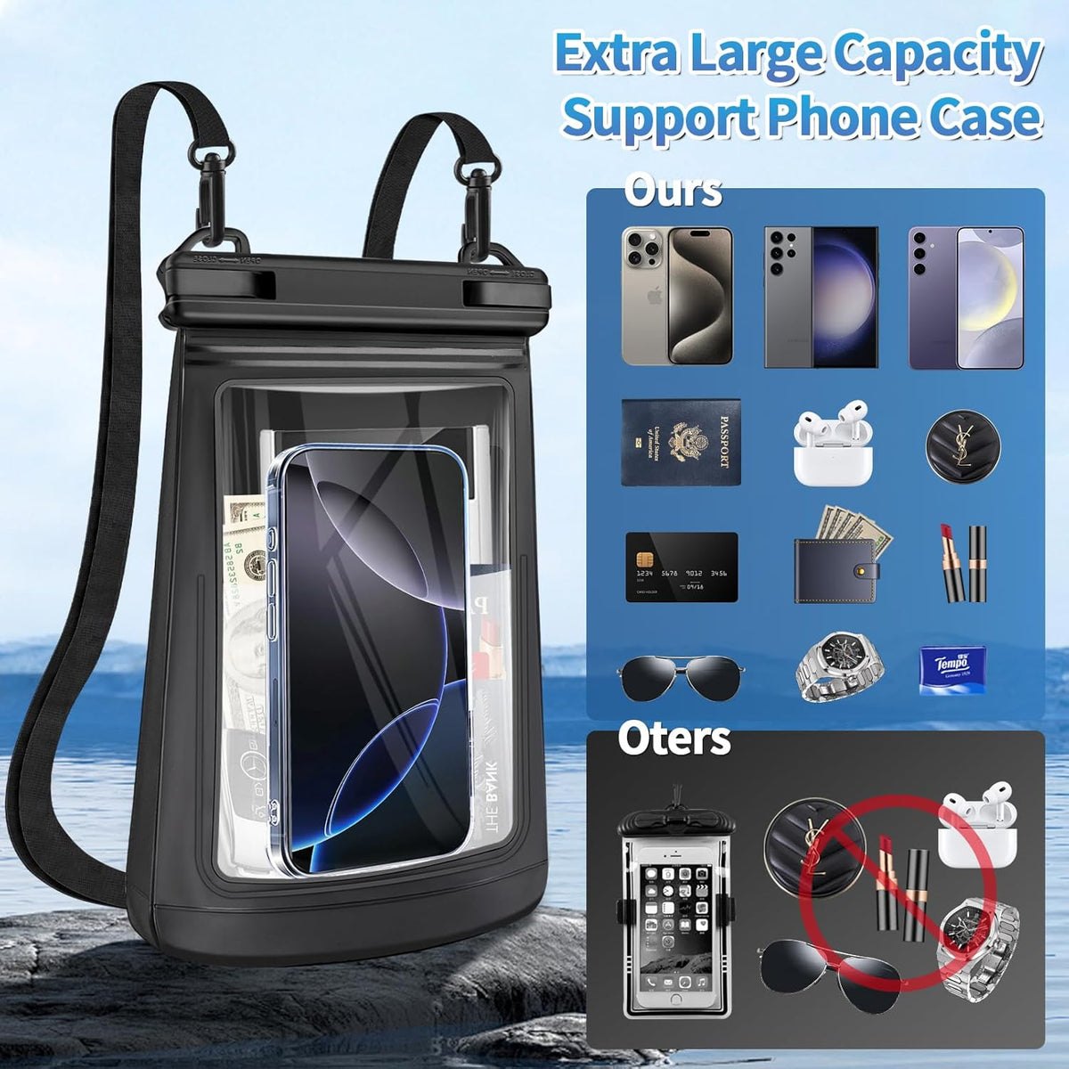 2L Large Waterproof Phone Pouch - [Oversized] [Floating] Waterproof Pouch for iPhone Galaxy Google and More, IPX8 Waterproof Dry Bag for Beach Vacation Belongings