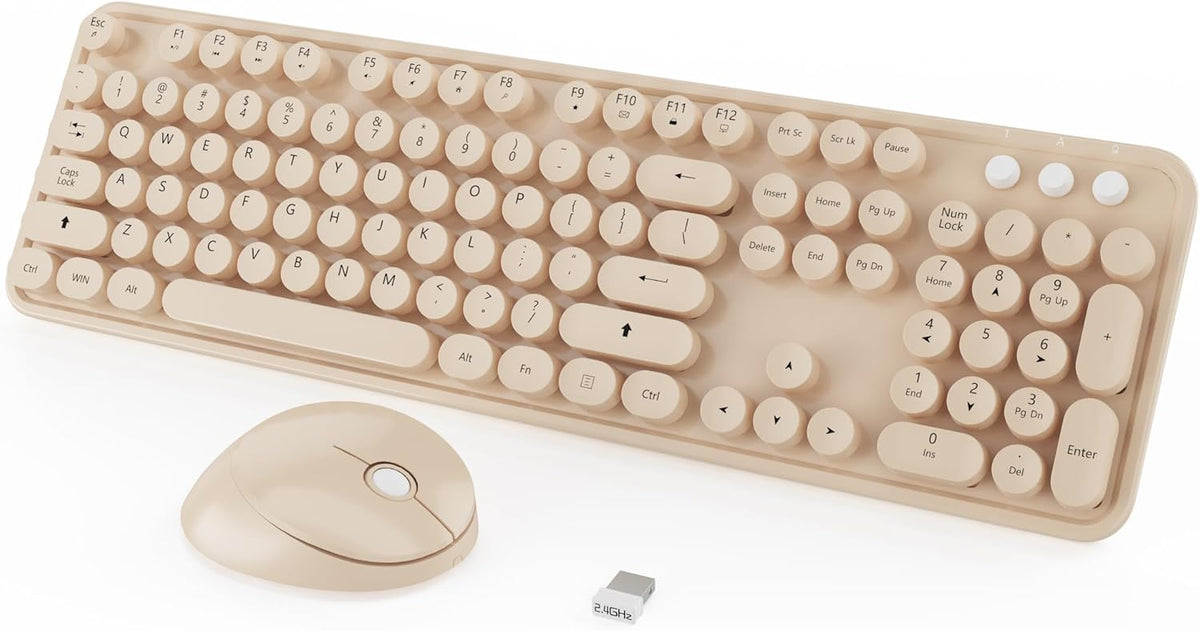 Wireless Keyboard and Mouse Combo, Cute Colorful 104 Keys Typewriter Retro Round Keycaps Keyboard for PC Laptop,Desktop,Windows, Home and Office Keyboards Coffee