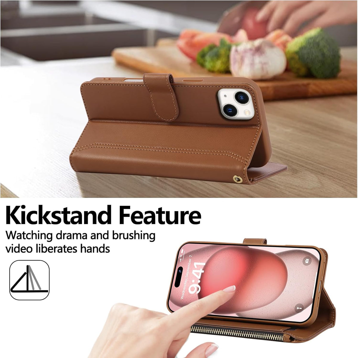 Compatible with iPhone 13/14 Wallet Phone Case-PU Leather Magnetic Flip Cover with Credit Card Slots,Zipper Pocket & Detachable Wrist Strap,Shockproof Design,for Women and Men-Brown