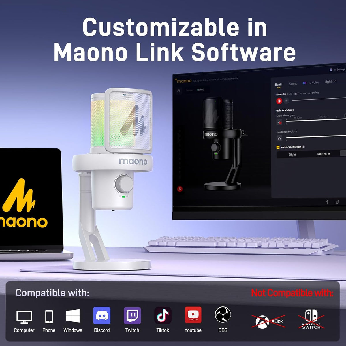 MAONO Wireless Microphone for PC,Gaming Streaming USB Mic with Software AI Voice Change,3-Level Noise Cancellation,Custom EQ,Gain Control for Computer Podcast Recording (DM40 AI Mic, DM40-White)