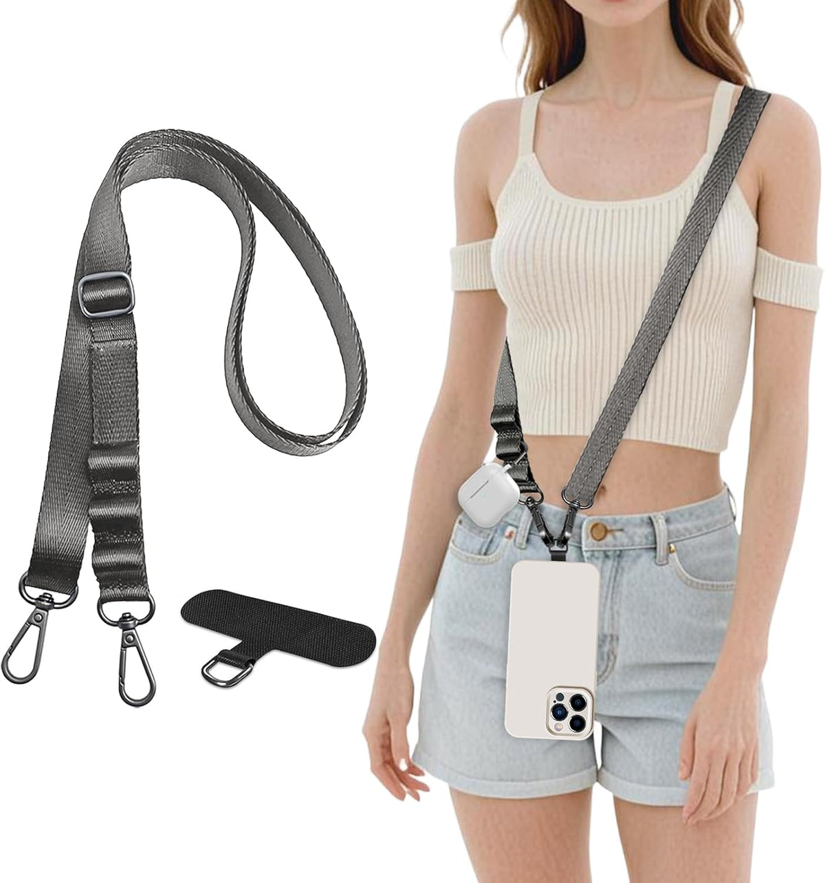 Universal Adjustable Nylon Phone Lanyard - 20MM Multi-Color Options for iPhone Samsung Smartphones (Fits Most Cases) Black