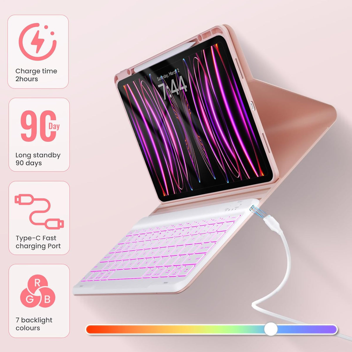 OYEEICE Keyboard Case for iPad Pro 12.9 inch 6th Gen 2022, 5th 2021, 4th 2020, Rotating Detachable Clear Cover with 7 Colorful Backlit Keyboard Wireless, Pencil Holder, Auto Wake/Sleep - Pink