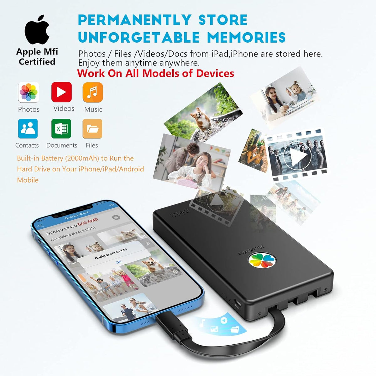 iDiskk App-le Certified, 2TB External Hard Drive,for iPhone iPad Android Phones,MacBook,Computer to Backup Docs| Photos | Videos,iPhone 15 & 16 Photo Stick Photo Storage Phone Drive