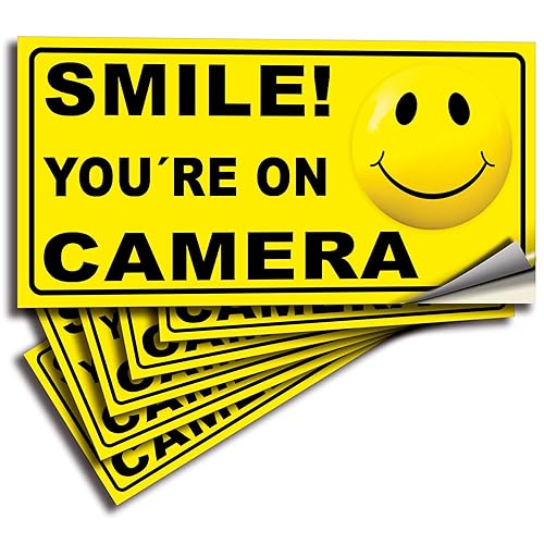 iSYFIX Smile You're On Camera Reflective Stickers for Home - 6 Pack 4x2 Inch - UV, Weather, Scratch, Fade Resistance, Security Camera Sign for Home