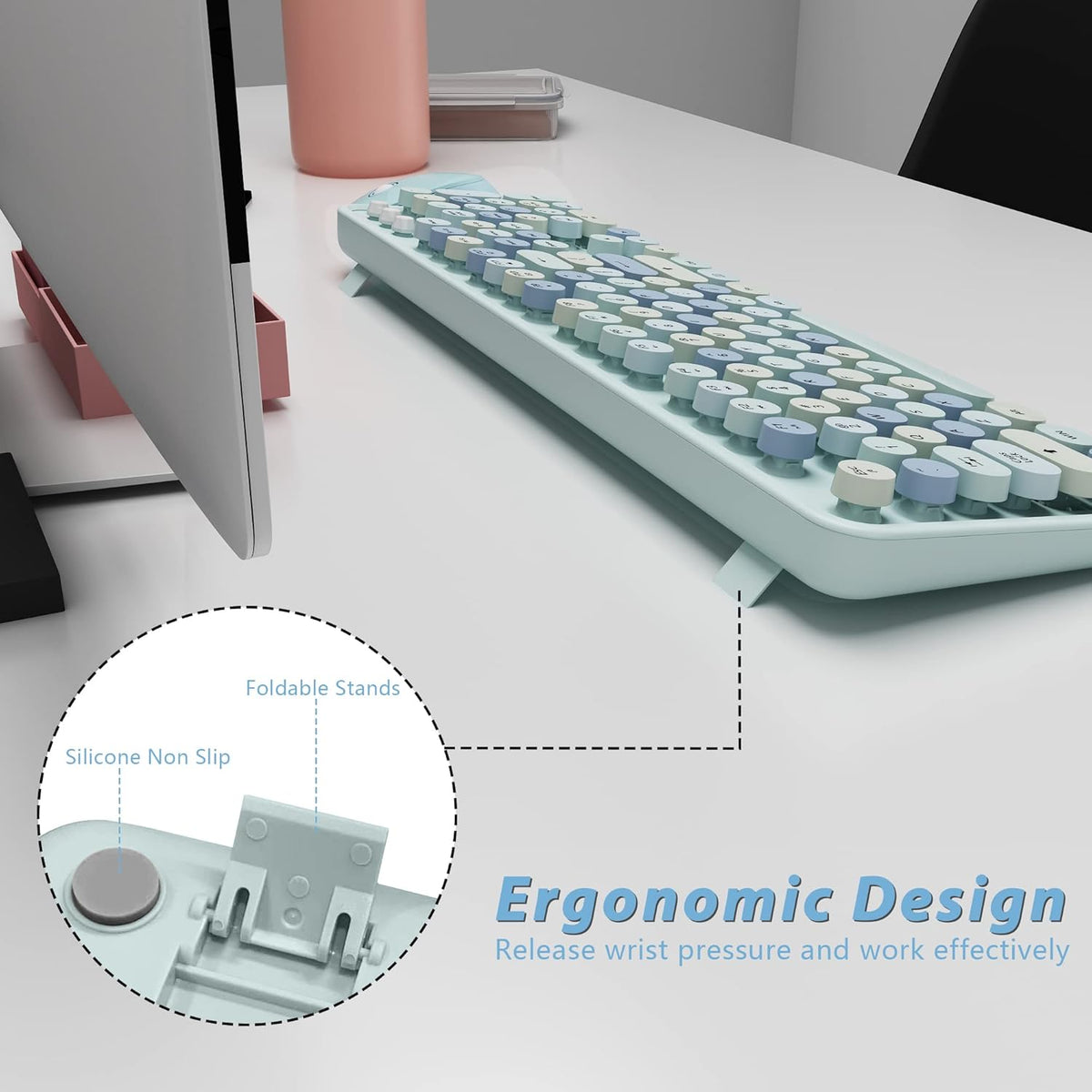 Wireless Keyboard and Mice Combo,Retro Round Keys Full-Sized Cute Keyboard, 2.4Ghz Dropout-Free Connection and Optical Mouse for Windows, Mac, PC, Laptop, Desktop (Blue-Colorful)