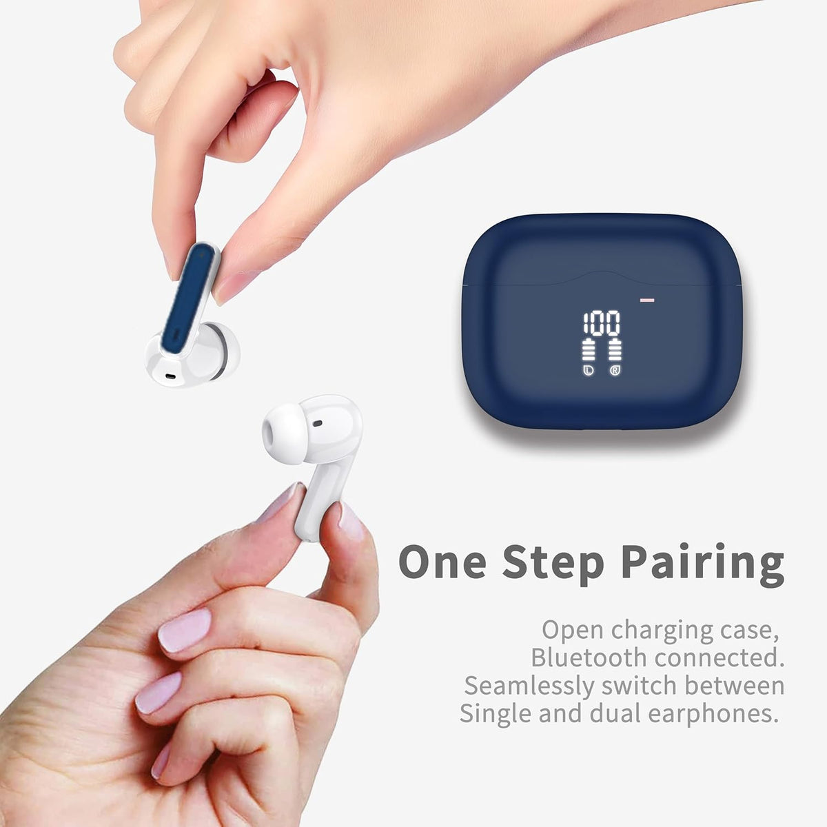 Wireless Earbuds, Bluetooth 5.4 Headphones in Ear with HiFi Stereo Deep Bass, 4 ENC Noise Cancelling Mic Wireless Earphones 40H, in-Ear Earbud Bluetooth Dual LED Display IP7 Waterproof, Dark Blue