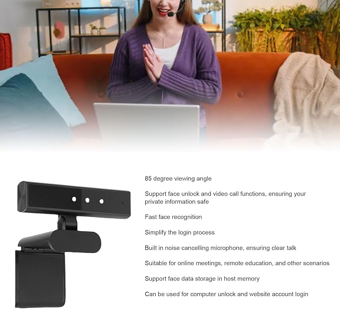 Asixxsix HD Webcam 85 Degree Wide Angle View Facial Recognition Webcam Face Data Storage USB PC with Noise Canceling Microphone for Video Conferencing Online Learning