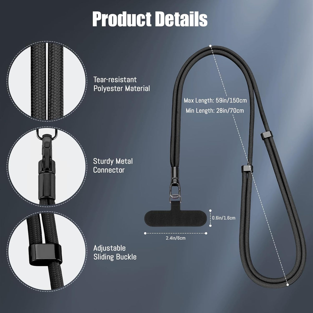 Phone Lanyard 2 Pack, 2x Adjustable Crossbody Phone Strap, 2x Tether Tab, Anti-theft Universal Cellphone Multifuctional Patch Lanyards for iPhone & Most Smartphones, Black+Black