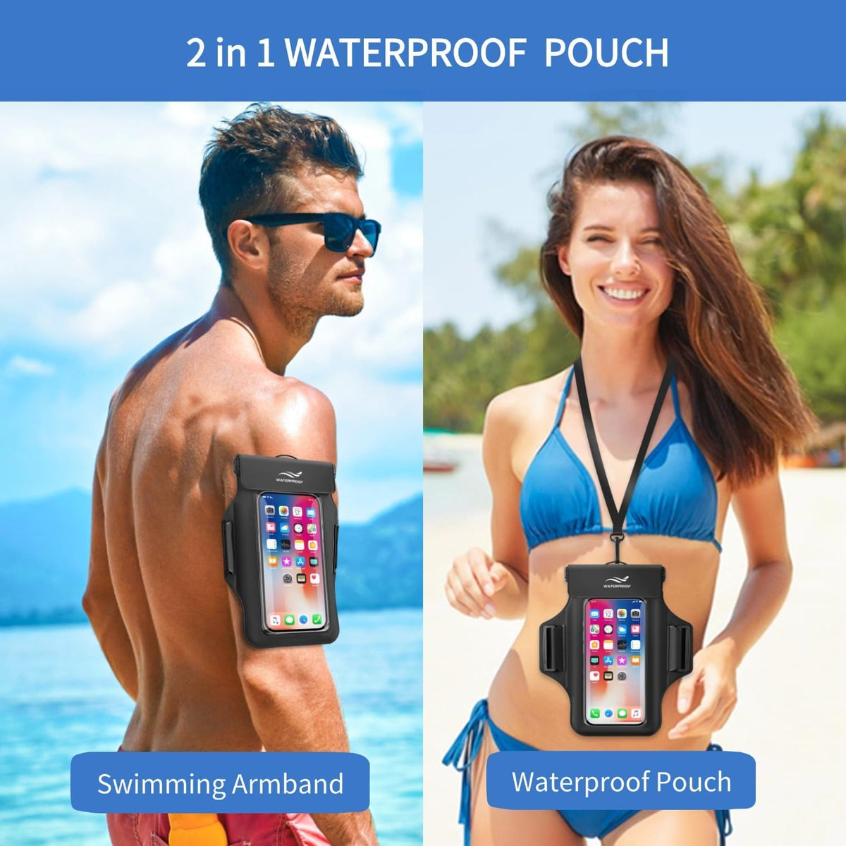 2-in-1 Underwater Waterproof Phone Pouch &Phone Armband for Phones up to 6.7", IPX8 Floating Water Proof Phone Case with Detachable Strap, Dry Bags Waterproof, Beach Vacation Essentials