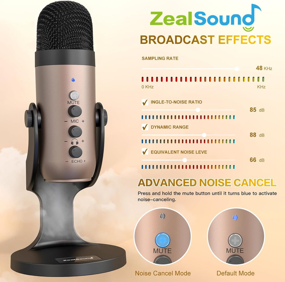 ZealSound USB Microphone,Condenser Computer PC Mic,Plug&Play Gaming Microphones for PS 4&5.Headphone Output&Volume Control,Mic Gain Control,Mute Button for Vocal,YouTube Podcast on Mac&Windows(Gold)