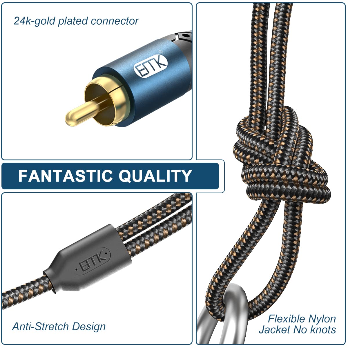 EMK 3.5mm to 2RCA Cable 24K Gold-Plated Nylon Braided RCA to Auxiliary Stereo Audio Headphone Male to Male 1/8 to RCA Cord for Tablet,Subwoofer,Home Theater,DVD Speaker,MP3/MP4,Player 5ft/1.5m