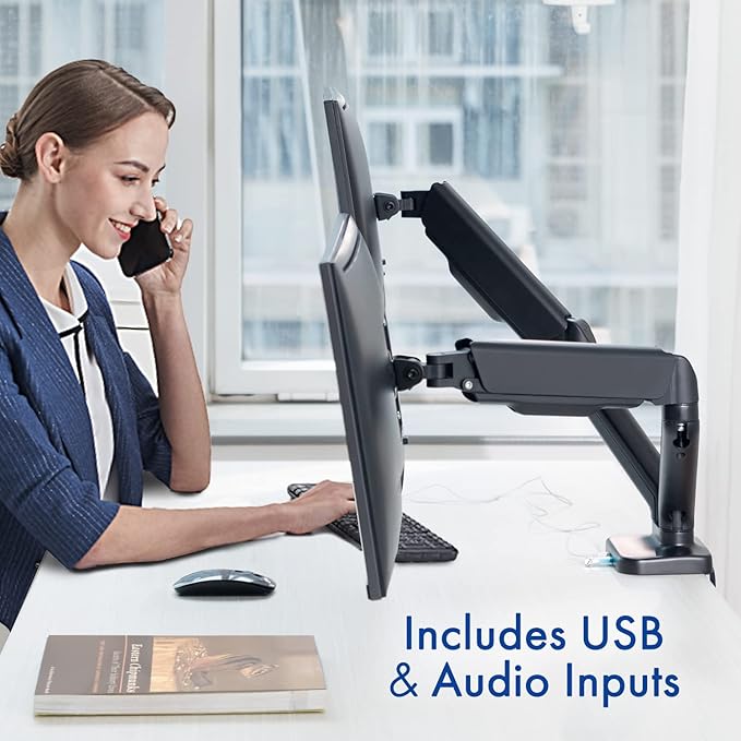 Dual Spring LCD Monitor Arms with USB and Multimedia Ports for: AOC C24G1A 24 Curved Frameless Gaming Monitor FHD 1920x1080 1500R VA 1ms MPRT 165Hz (144Hz Supported)