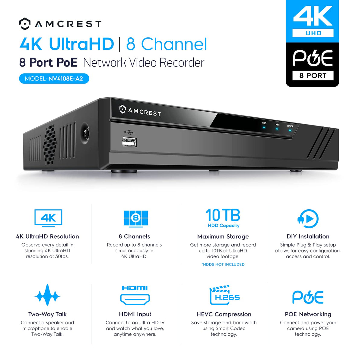 Amcrest NV4108E-A2 4K 8CH POE NVR (1080p/3MP/4MP/5MP/8MP) POE Network Video Recorder - Supports up to 8 x 8MP/4K IP Cameras, 8-Channel Power Over
