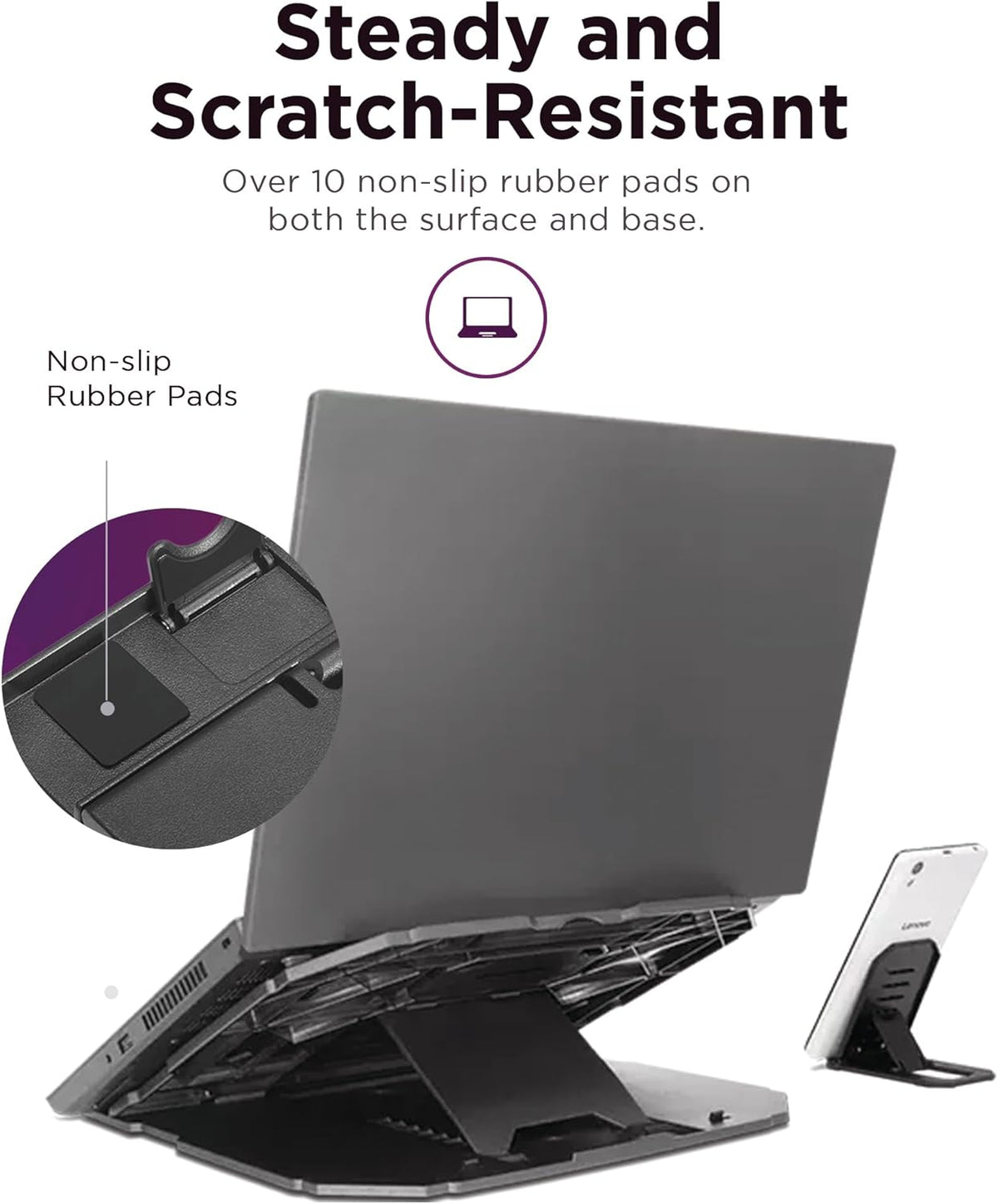 Lenovo 2-in-1 Laptop Stand - Adjustable, Portable, Foldable, Ergonomic, Non-Slip, Compatible with Laptops up to 15" and Cell Phones, Ideal for Travel