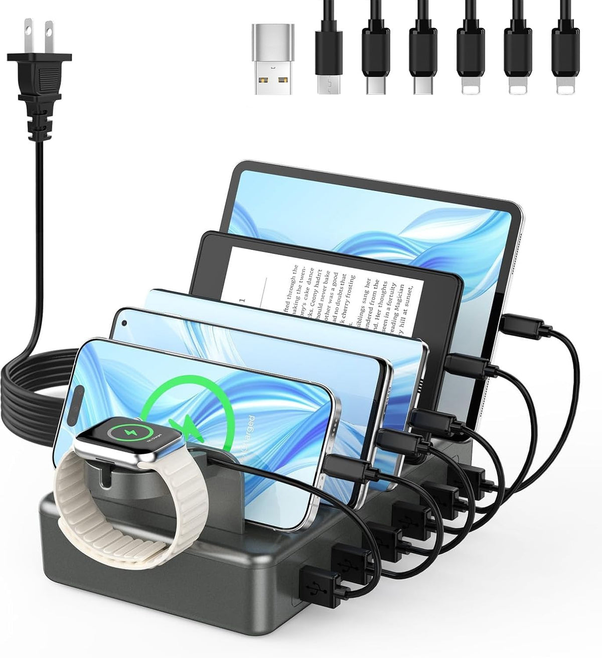 CREATIVE DESIGN 50W Fast Charging Station, 6 Port Apple Charging Station for Multiple Devices Compatible with iPhone,iPad, Tablet,Kindle ect,with 6 Short Cables and Apple Watch Holder（Space Gray）