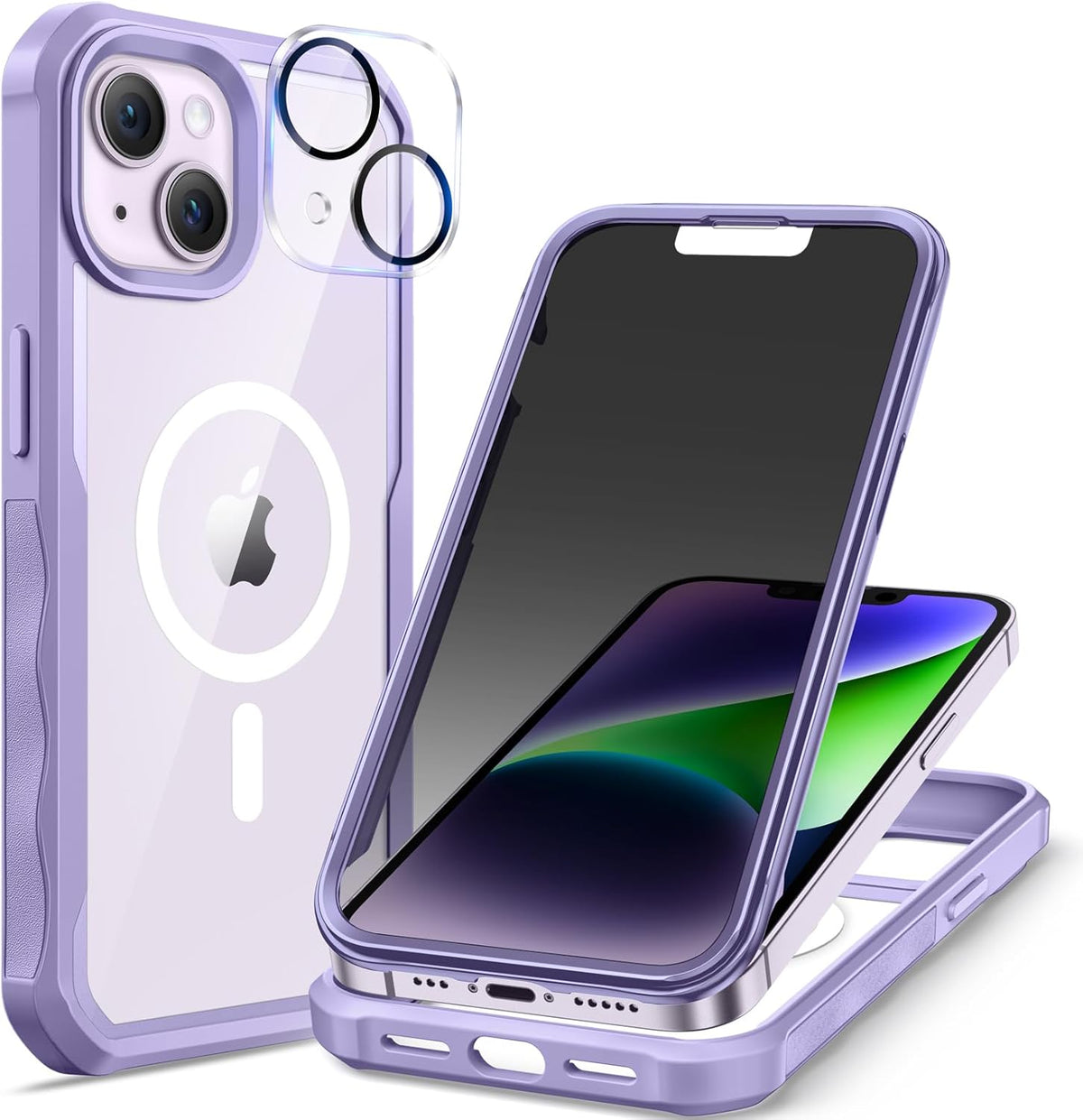 seacosmo for iPhone 14 Plus Case, Full Body Bumper with Built-in 9H Tempered Glass Privacy Screen and Camera Lens Protector, Compatible with MagSafe, Shockproof Phone Case, 6.7", Light Purple