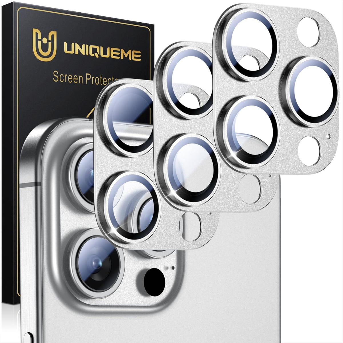 UniqueMe for 3 Pack iPhone 15 Pro/iPhone 15 Pro Max Camera Lens Protector, [Drop Protection] [Case Friendly] Camera Cover Screen [Update New Version] - All-Silver
