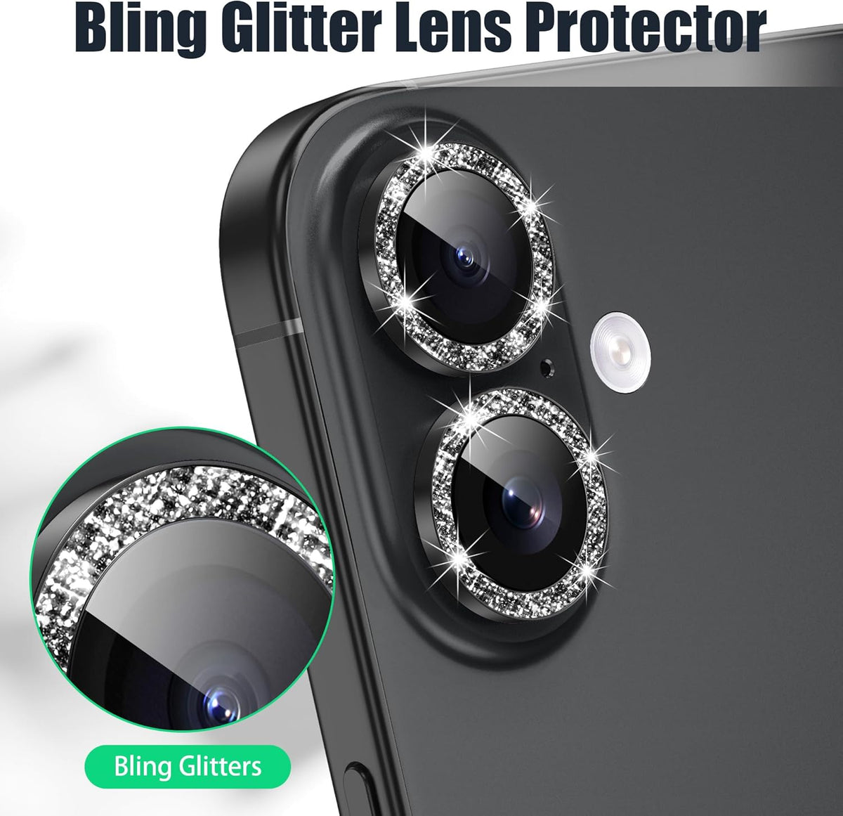 AGVEE 3+3 6 Pack for iPhone 16 6.1" / 16 Plus 6.7" Camera Lens Cover Protector, Bling Glitter & CD-Textured Metal Ring 9H Tempered HD Glass Camera Cover Protector Film, Glitter-Black