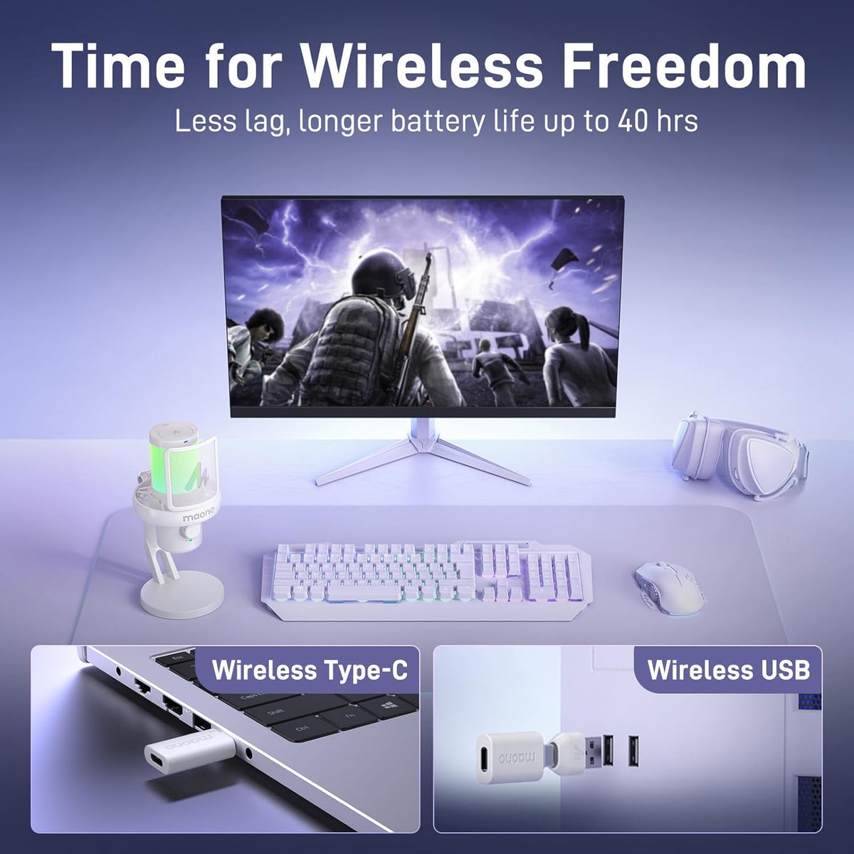 MAONO Wireless Microphone for PC,Gaming Streaming USB Mic with Software AI Voice Change,3-Level Noise Cancellation,Custom EQ,Gain Control for Computer Podcast Recording (DM40 AI Mic, DM40-White)