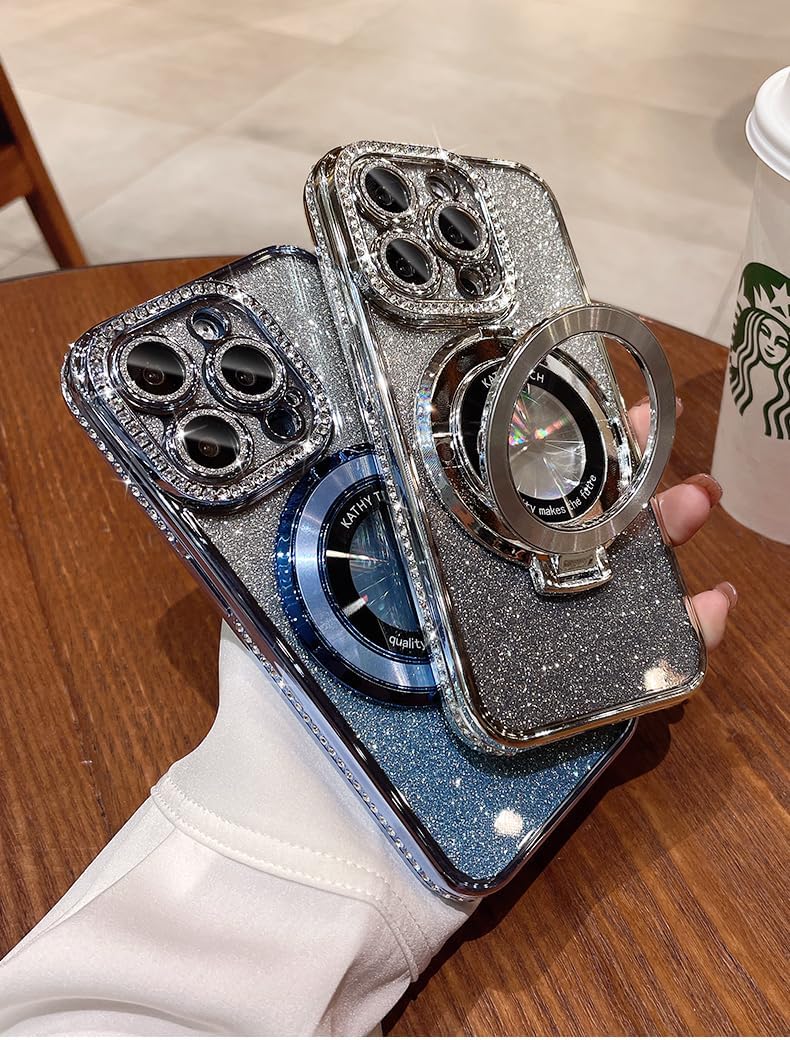 Magnetic Kickstand (Glitter Lens Protector ) Case for IPhone 15 14 13 12 Pro Max (Compatible with Magsafe ) Sparkling Diamond Cover Glitter Shiny Rhinestone Cases (Blue,for iPhone 13)
