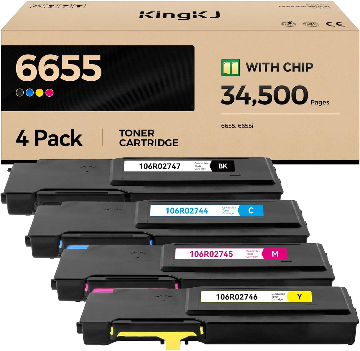 6655 Toner Cartridge Set 4-Pack High Capacity Black Cyan Magenta Yellow Replacement for Xerox 106R02744 106R02745 106R02746 106R02747 Compatible with Xerox WorkCentre 6655 6655i Color Printer Ink Copy