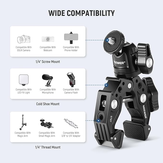 NEEWER ST87 Super Clamp Camera Mount with 360° Ball Head, Phone Holder, Cold Shoe, Action Camera Adapter for Bike Handlebar Pole Desk, Compatible with DJI Osmo Pocket 4 3 Xtra Muse GoPro Hero iPhone