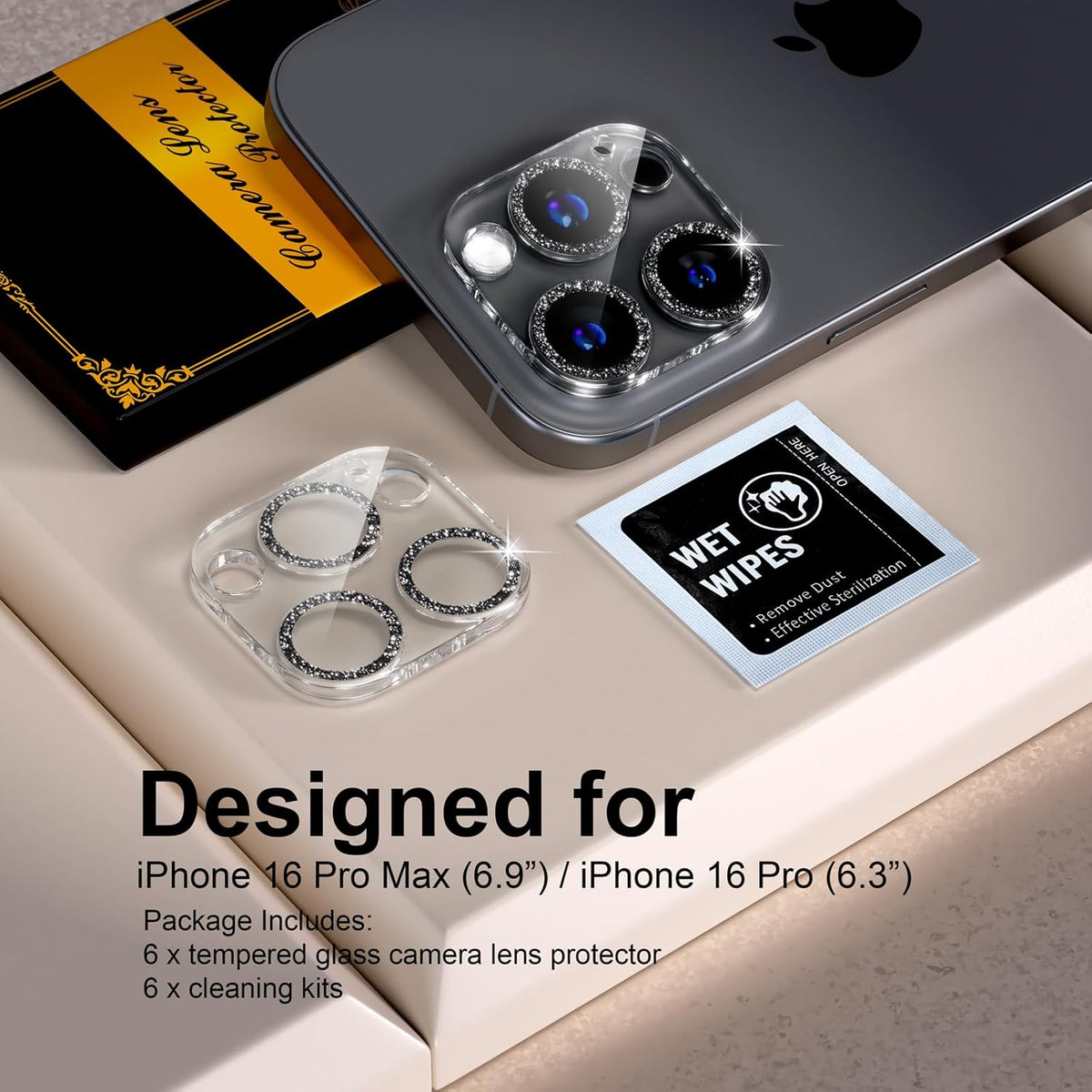 beuxece for 6 Pack iPhone 16 Pro/iPhone 16 Pro Max Camera Lens Protector [Drop Protection] [Case Friendly] [Easy Installation] 9H Tempered Glass Camera Screen Protector Cover, Glitter Black