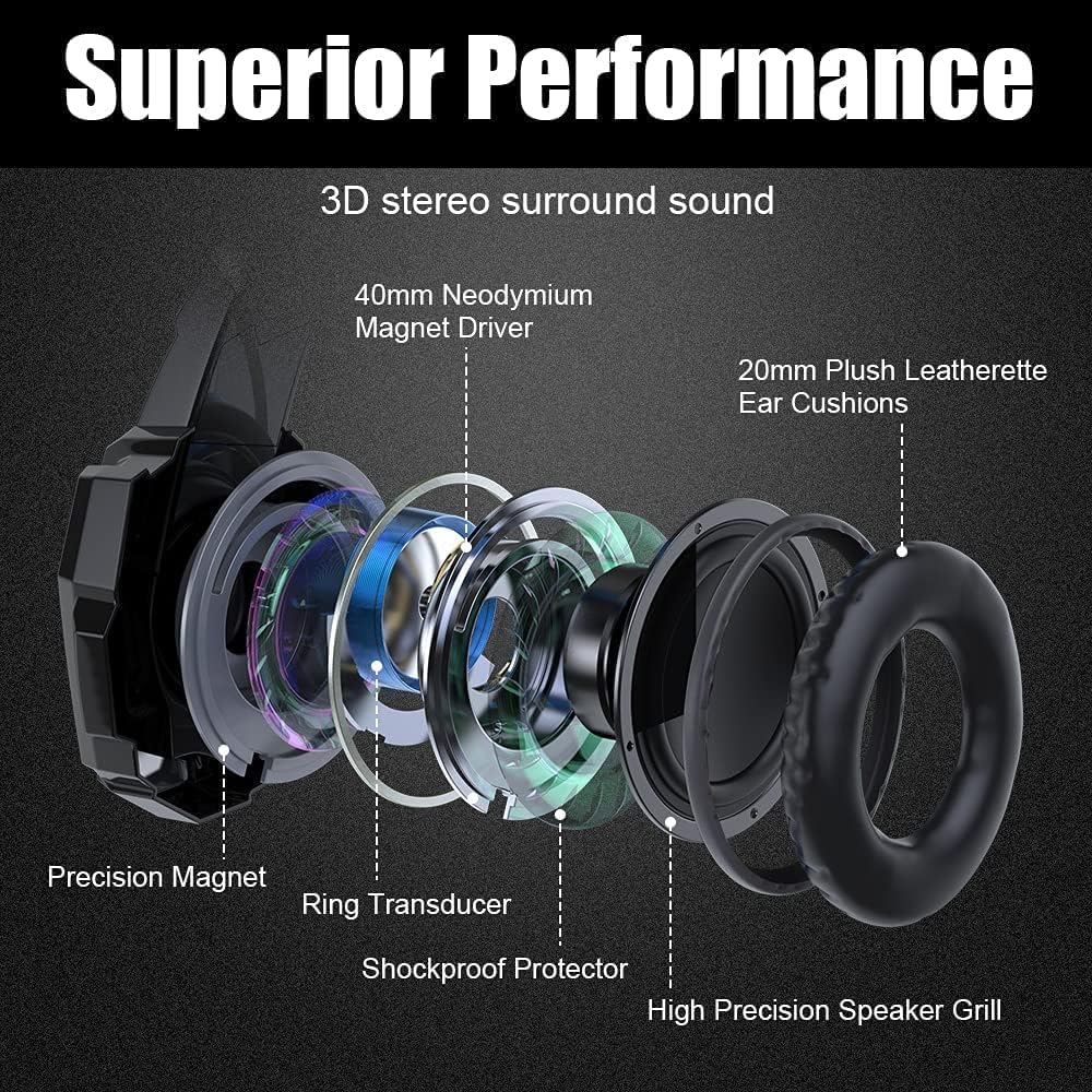 BENGOO G9000 Stereo Gaming Headset for PS4 PC Xbox One PS5 Controller, Noise Cancelling Over Ear Headphones with Mic, LED Light, Bass Surround, Soft Memory Earmuffs for Laptop Mac - Black