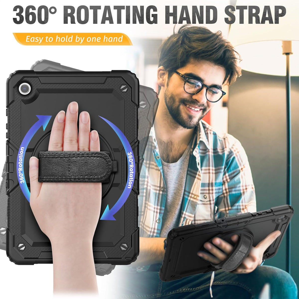 HXCASEAC Case for Samsung Galaxy Tab A8 10.5 inch, Protective with Screen Protector/Hand Strap/Pen Holder, Sturdy Shockproof A8 Tablet Case 2022 SM-X200/X205/X20 - Black