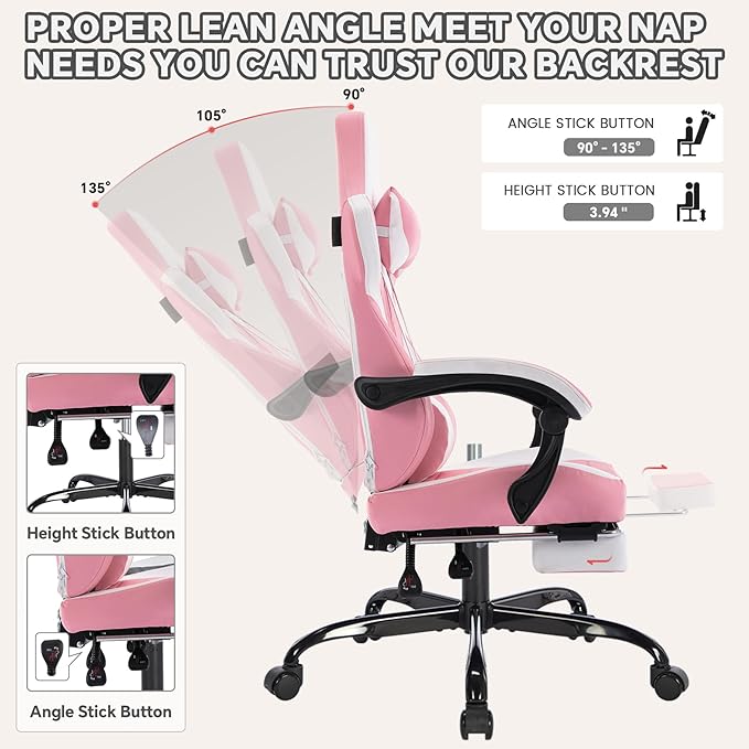 High-Back Gaming Chair with Footrest – PVC Leather Ergonomic Office &amp Racing Style Video Gaming Chair (Pink)