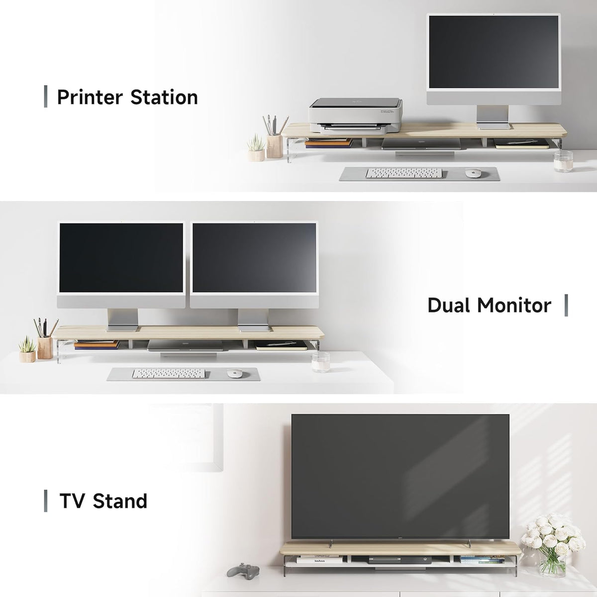 Fenge Acrylic Monitor Stand Riser, 42.5 Inches Dual Monitor Stand with Metal Storage, 2 Tier Acrylic Computer Riser for Desk, Clear Laptop Stand for PC, Laptop, Printer, TV, Oak