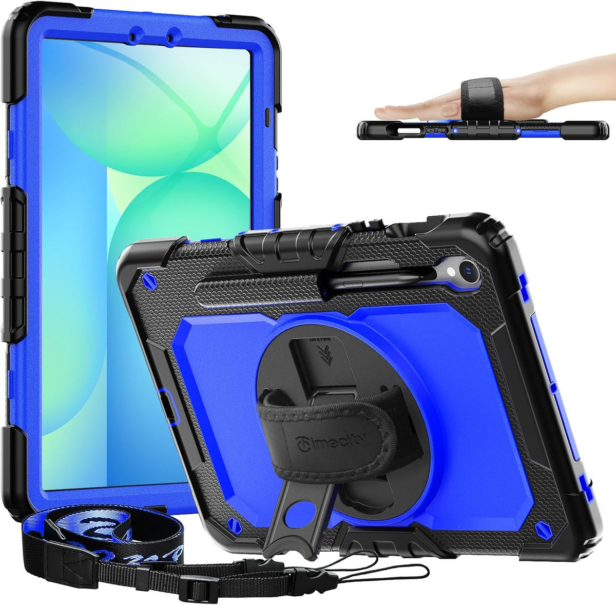 Timecity Case for Samsung Galaxy Tab S10 FE/ S9 FE 5G 10.9 Inch/ S9 11 Inch - Heavy Duty Protective Cover with Screen Protector, Rotating Stand, Shoulder Strap, S Pen Holder | Kids-Friendly, Dark Blue