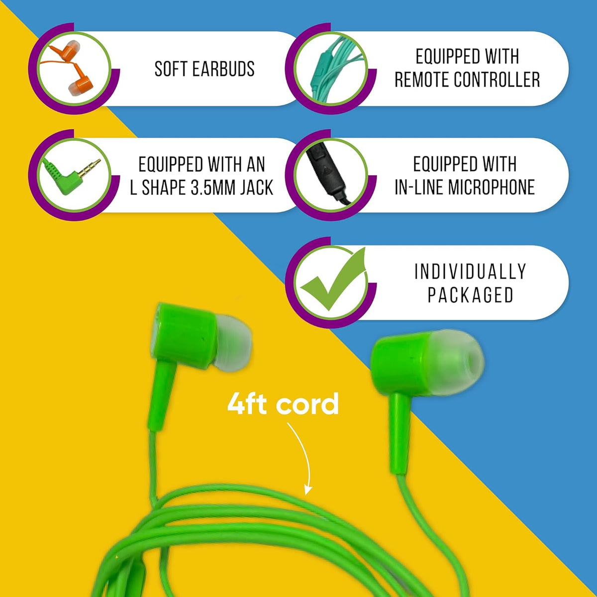 10 Pack Multi Color Kid's Wired Microphone Earbud Headphones - Disposable Earbuds with Mic for Classroom, Libraries,